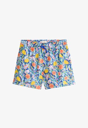 Herren-Badehose mit einem bunten Obst- und Blumenmuster in Blau, Gelb, Orange und Grün, mit einem blauen Kordelzug an der Taille.