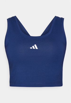 Sutiã desportivo azul marinho feito de tecido suave, com um design de costas nadadora e um logotipo bordado branco na frente.