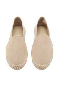 Beige suede espadrilles with a rounded toe and stitched jute sole. Smooth texture and minimal design. No visible embellishments.