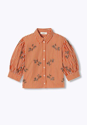 Chemise rayée orange et blanche à boutons, manches 3/4 bouffantes et motifs floraux brodés sur le devant et les manches.