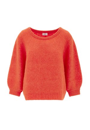 Maglione arancione brillante con scollatura rotonda, vestibilità ampia e maniche a palloncino. Realizzato in materiale morbido e texture con polsini e orlo a costine.