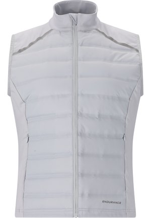 Ljusgrå ärmlös väst med quiltad stoppning, hög krage, full dragkedja fram och sidofickor, med reflekterande detaljer.