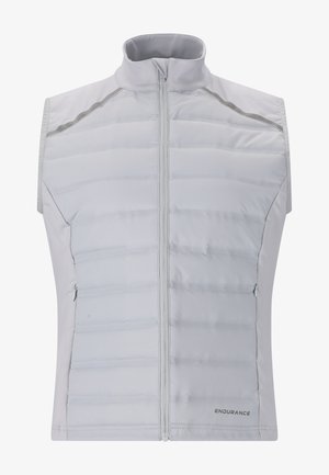 Ljusgrå ärmlös väst med quiltad stoppning, hög krage, full dragkedja fram och sidofickor, med reflekterande detaljer.