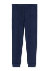Marineblå leggings lavet af blødt stof, med en tætsiddende design, elastisk talje og manchetter ved anklen for en tæt pasform.