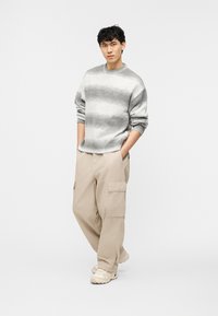 Νεαρός άνδρας όρθιος με τα χέρια στις τσέπες, φορώντας γκρι ριγέ πουλόβερ, μπεζ παντελόνι cargo και ανοιχτόχρωμα αθλητικά παπούτσια σε λευκό φόντο.