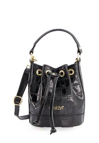 Schwarze, krokodilpräge Ledertasche im Eimer-Stil mit einem Zugverschluss, goldfarbener Hardware und einem abnehmbaren Schulterriemen.