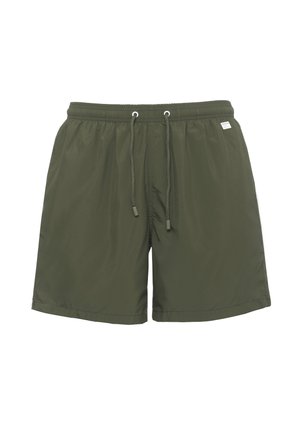 Costume da bagno verde oliva con fascia elastica in vita e laccetto, piccola etichetta bianca sul lato destro vicino alla vita.