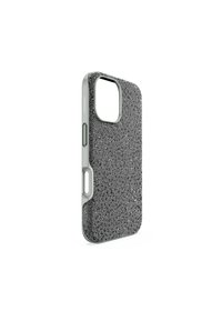 Svart texturerad telefonfodral med en glittrande yta och en klar kant, med utskärningar för knappar och kameratillgång.