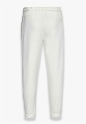 Weiße Jogginghosen aus weichem Stoff, mit elastischem Bund und Bündchen, seitlichen Taschen und glatter Textur.