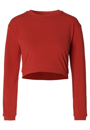 Gekürztes Langarmoberteil aus geripptem roten Stoff, mit rundem Ausschnitt und enganliegenden Bündchen. Schlichtes Design mit glatter Textur und ohne Muster.