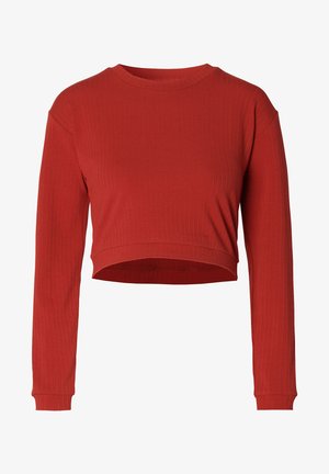 Korte langemouwen top van ribbelachtige rode stof, met een ronde halslijn en aansluitende boorden. Eenvoudig ontwerp met een gladde textuur en zonder patronen.