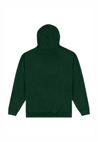 Felpa con cappuccio verde scuro, in cotone, con tasca frontale, maniche lunghe, polsini e orlo a coste, dalla texture liscia.