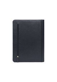 Portfolio in pelle nera con una texture liscia, forma rettangolare e chiusura con zip laterale. Design minimalista senza ulteriori pattern o accenti.