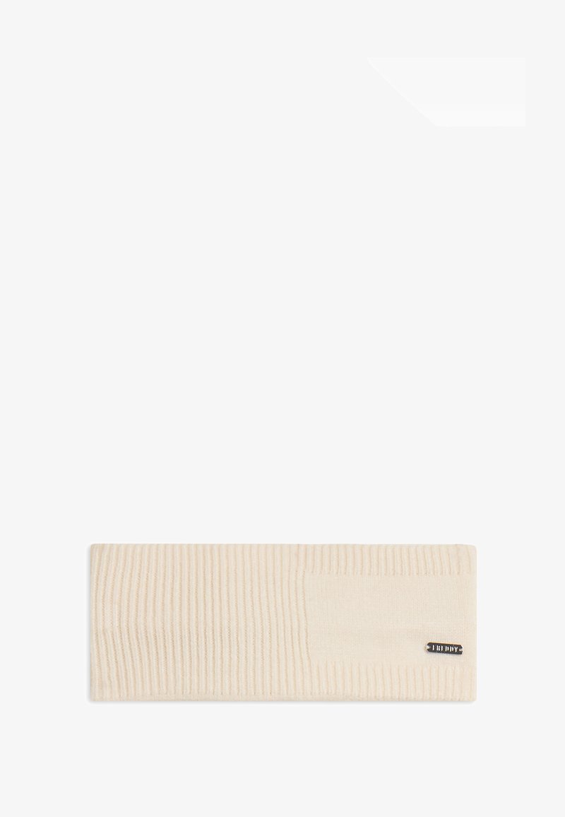 Fascia per la testa a coste beige con una sezione liscia a contrasto, dotata di un piccolo etichetta metallica con marchio. Texture in maglia morbida, forma approssimativamente rettangolare.