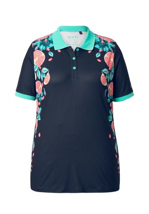 Kortærmet polo skjorte i marineblå med turkis krave. Livlig frugt- og bladtryk på siderne, knaplukning ved udskæringen.