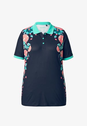 Poloko s krátkým rukávem v námořnické modři s tyrkysovým límečkem. Živý vzor ovoce a listů po stranách, zapínání na knoflík u výstřihu.