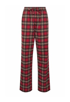 Rode geruite pyjamabroek met zwarte, witte en gele strepen en een trekkoord in de taille op een witte achtergrond.