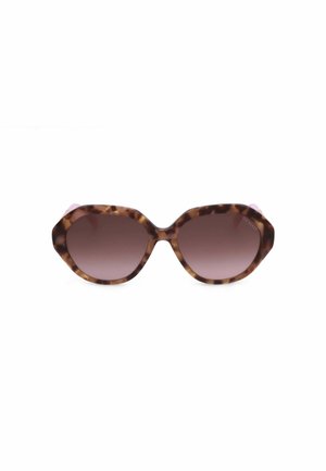 Occhiali da sole oversize con montatura marrone tartarugata e lenti sfumate scure mostrati frontalmente su sfondo bianco.