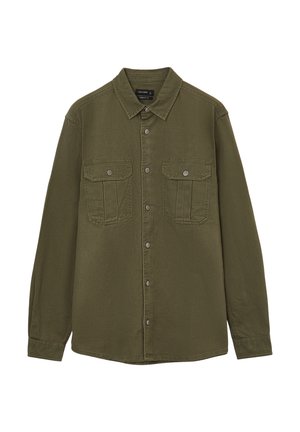 Olive green long-sleeve shirt made of textured fabric, featuring a button-up front, two chest pockets, and a classic collar.