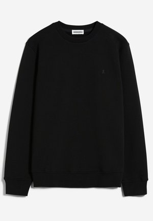 Zwarte sweatshirt gemaakt van zachte stof, met een ronde hals, geribbelde mouwen en onderrand, en een minimalistisch logoaccent op de voorkant.