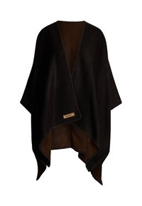 Zwarte poncho van zacht materiaal met een contrasterende bruine binnenkant. Heeft een ruwe rand en een klein logo-label aan de zoom.