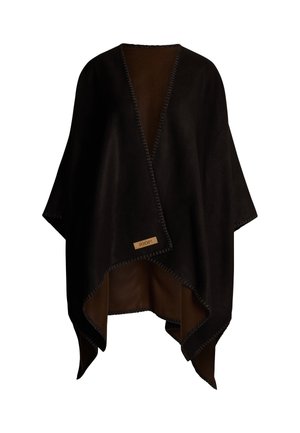 Zwarte poncho van zacht materiaal met een contrasterende bruine binnenkant. Heeft een ruwe rand en een klein logo-label aan de zoom.