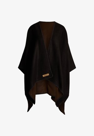 Schwarzer Poncho aus weichem Stoff mit einem kontrastierenden braunen Innenfutter. Mit einem rohen Saum und einem kleinen Logostick auf dem Saum.