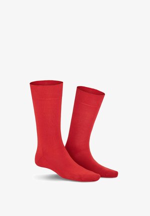 Rote Baumwollsocken mit glatter Textur, gerippten Bündchen und einer Knöchelhöhe. Einfaches Design in einfarbig, ohne Muster oder Akzente.