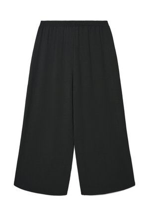 Pantaloni neri a gamba larga cropped con elastico in vita e tessuto liscio, distesi su sfondo bianco.