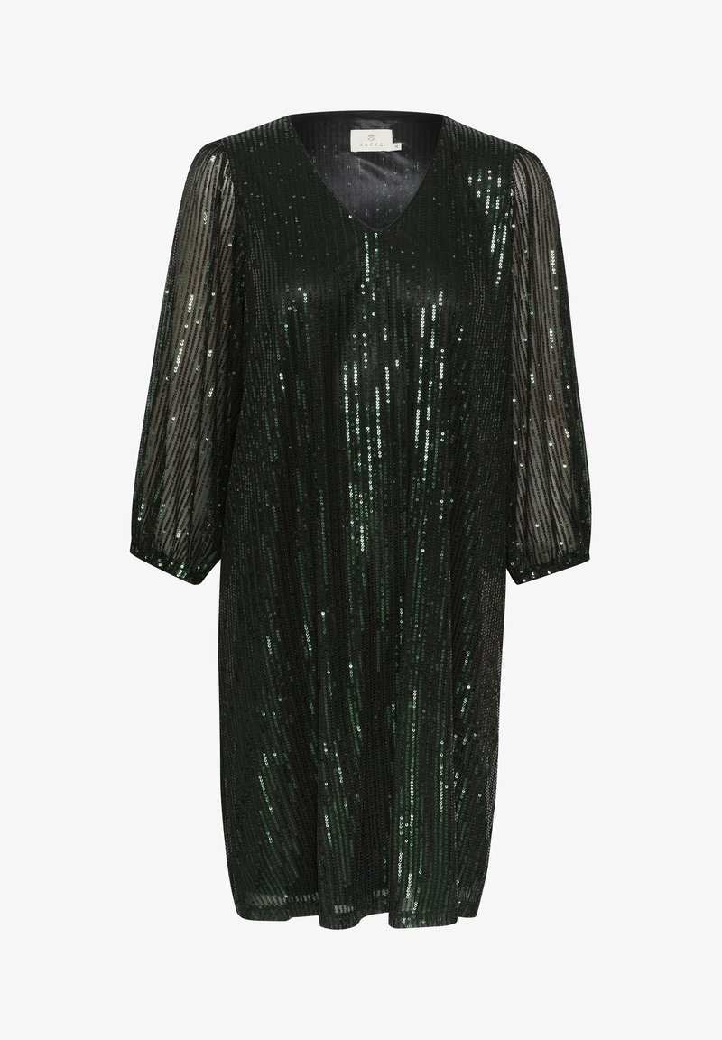 Vihreä paljettimekko, jossa on V-mallinen kaula-aukko, kolmannesvarren hihat ja löysä malli. Mekossa on hohtavia paljetteja, jotka muodostavat pystysuoria raidoituksia läpinäkyvällä mustalla taustalla.