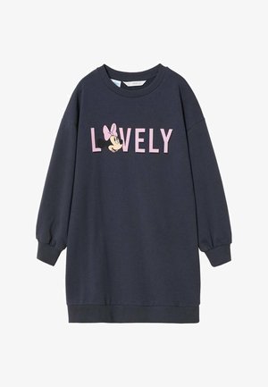Robe sweat-shirt marine à manches longues, poignets et ourlet côtelés. Présente le mot "LOVELY" en lettres roses et une petite image d'un personnage avec un nœud rose.