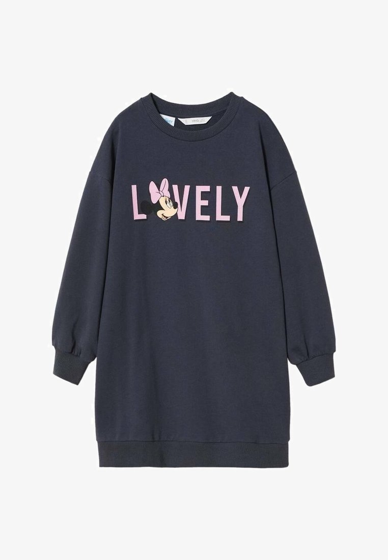 Robe sweat-shirt marine à manches longues, poignets et ourlet côtelés. Présente le mot "LOVELY" en lettres roses et une petite image d'un personnage avec un nœud rose.