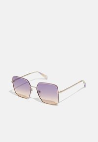 Square sunglasses with gradient purple lenses and gold-tone metal frame. Temples have a multi-colored, translucent design, featuring a subtle glitter accent.