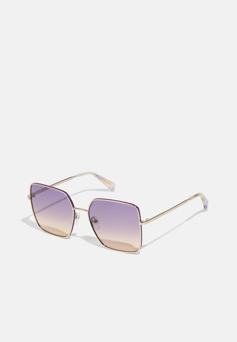 Square sunglasses with gradient purple lenses and gold-tone metal frame. Temples have a multi-colored, translucent design, featuring a subtle glitter accent.