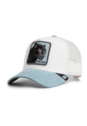 Gorra de béisbol blanca y azul claro con malla, con un parche frontal que muestra una cabeza de pantera negra y la palabra "Panther."