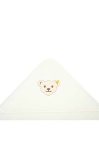 White cotton hooded towel featuring a bear face embroidery with a yellow accent, triangular shape, and soft texture.
