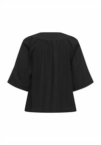 Top corto nero a maniche corte realizzato in tessuto morbido, con una vestibilità comoda, dettaglio arricciato sul retro e un design del collo semplice.