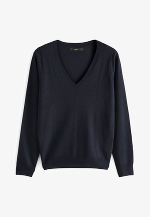 Pull à manches longues bleu marine avec col en V, poignets et ourlet côtelés, présenté à plat sur un fond blanc.