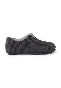 Pantofole grigie con un esterno in tessuto a coste, morbido rivestimento interno, design a profilo basso e suola in gomma nera flessibile.