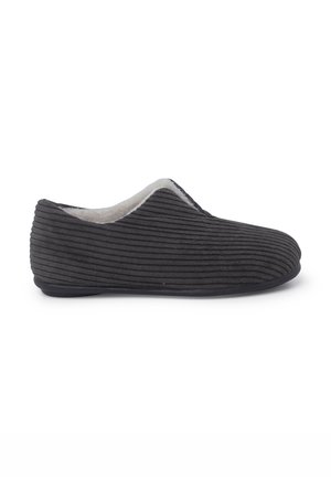 Grijze slippers met een ribbelstof buitenkant, zachte binnenvoering, laag profiel ontwerp en flexibele zwarte rubberen zool.