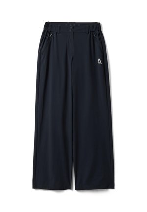 Pantalones de pierna ancha azul marino con cintura elástica, cierre de doble botón, bolsillos laterales con cremallera y logo blanco de Altavia en el muslo derecho frontal.