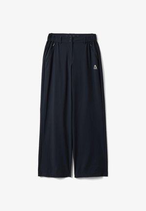 Pantalones de pierna ancha azul marino con cintura elástica, cierre de doble botón, bolsillos laterales con cremallera y logo blanco de Altavia en el muslo derecho frontal.