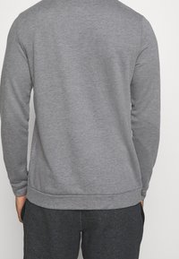 Grijze sweatshirt met lange mouwen, ronde hals en ribgebreide boorden en zoom. Het materiaal lijkt zacht en textuur te hebben, geschikt voor casual draag.