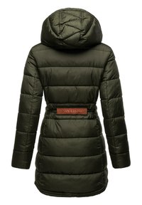 Padded olive green coat with a hood, featuring a belted waist and a brown label with "NAVAHOO" at the back. Smooth, shiny texture.
