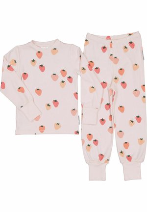 Børns sæt med langærmet bluse og bukser i lyserød med rødt og ferskenfarvet jordbærmønster, med ribstrikkede manchetter og taljebånd.