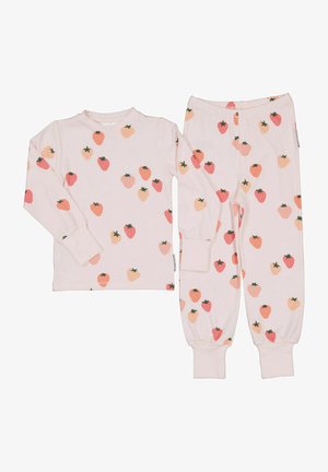 Børns sæt med langærmet bluse og bukser i lyserød med rødt og ferskenfarvet jordbærmønster, med ribstrikkede manchetter og taljebånd.