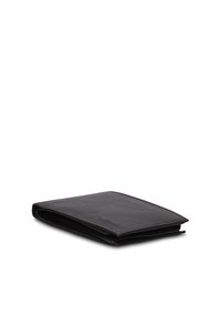 Zwarte leren portemonnee met een minimalistisch ontwerp. Heeft een omvouwbare vorm, een gladde textuur en subtiele branding aan de voorkant.