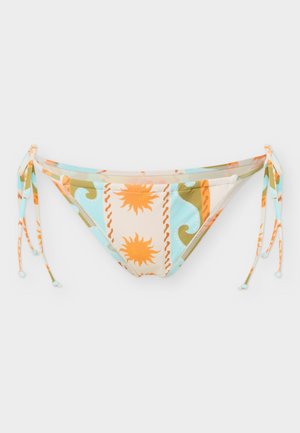 Κάτω μέρος μπικίνι με πλαϊνούς δεσμούς, διακοσμημένο με πορτοκαλί σχέδιο ήλιου και φύκια σε φόντο κρεμ, μπλε και ελιάς.