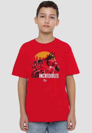 Red cotton t-shirt featuring a graphic of superhero characters with the text "TEAM INCREDIBLES" in bold black and white. Crew neck design.