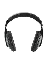 Schwarze Over-Ear-Kopfhörer mit gepolstertem Kopfbügel, weichen Ohrpolstern, glänzendem Finish und einem 3,5-mm-Audiokabel.
